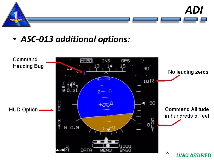 ADI • ASC-013 additional options: Command Heading Bug No leading zeros HUD Option Command