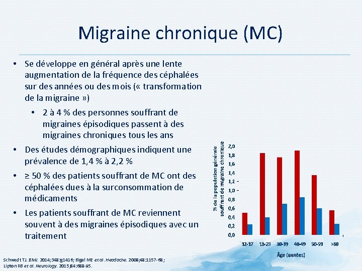 Migraine chronique (MC) • Se développe en général après une lente augmentation de la Migraine chronique (MC) • Se développe en général après une lente augmentation de la