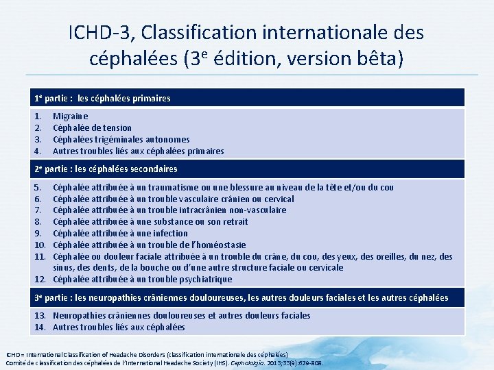 ICHD 3, Classification internationale des céphalées (3 e édition, version bêta) 1 e partie ICHD 3, Classification internationale des céphalées (3 e édition, version bêta) 1 e partie