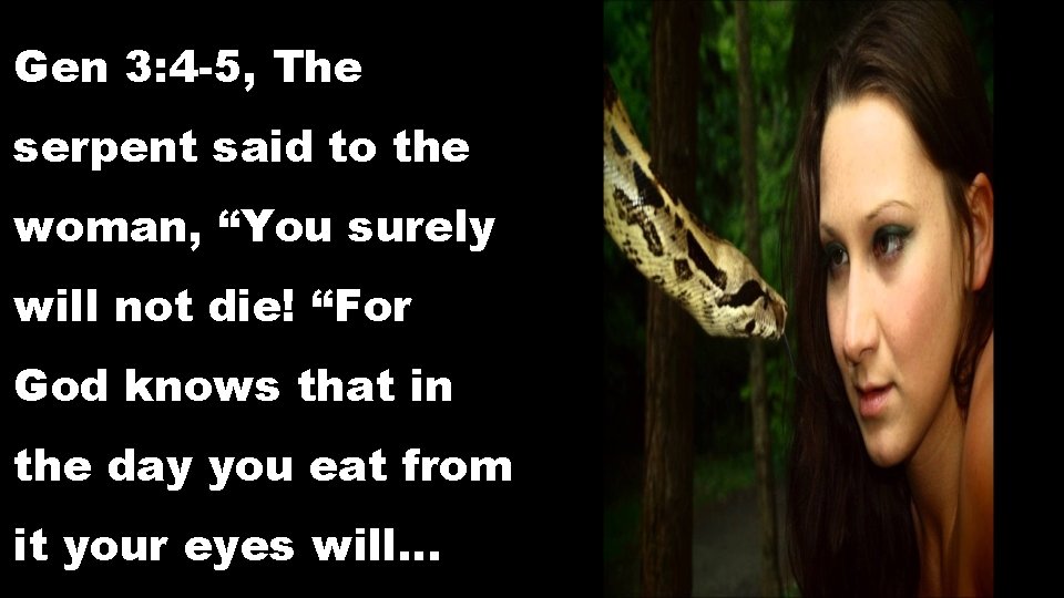 Gen 3: 4 -5, The serpent said to the woman, “You surely will not Gen 3: 4 -5, The serpent said to the woman, “You surely will not
