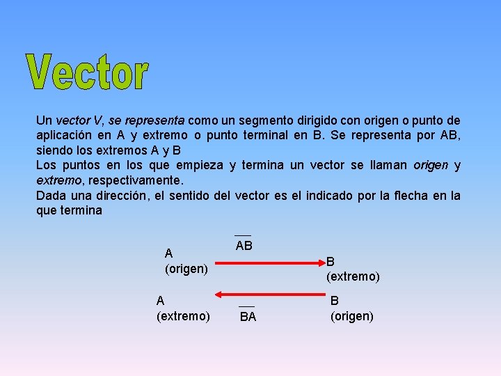 Un vector V, se representa como un segmento dirigido con origen o punto de