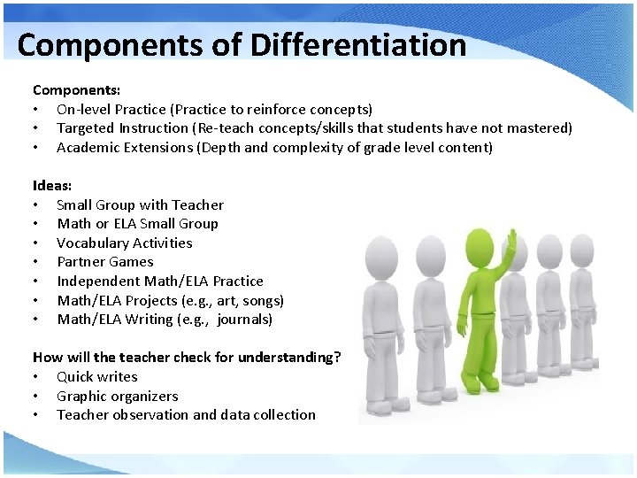 Components of Differentiation Components: • On-level Practice (Practice to reinforce concepts) • Targeted Instruction