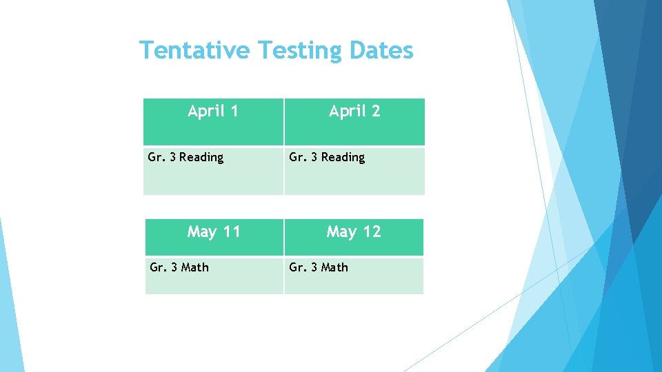 Tentative Testing Dates April 1 Gr. 3 Reading May 11 Gr. 3 Math April