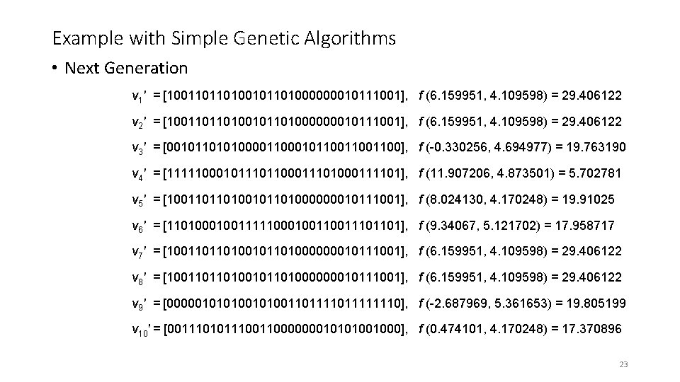 Example with Simple Genetic Algorithms • Next Generation v 1' = [1001101101000000010111001], f (6.