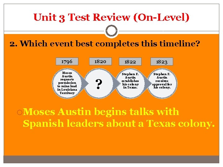 Unit 3 Test Review (On-Level) 2. Which event best completes this timeline? 1796 Moses