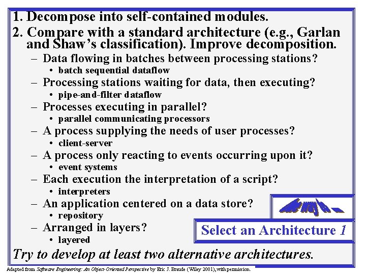 1. Decompose into self-contained modules. 2. Compare with a standard architecture (e. g. ,
