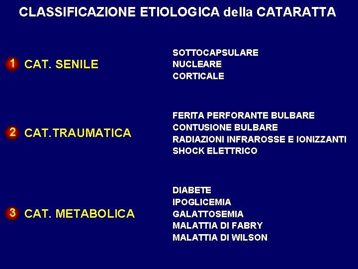 CLASSIFICAZIONE ETIOLOGICA della CATARATTA 1 CAT. SENILE SOTTOCAPSULARE NUCLEARE CORTICALE 2 CAT. TRAUMATICA FERITA