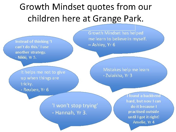 Growth Mindset quotes from our children here at Grange Park. Instead of thinking ‘I