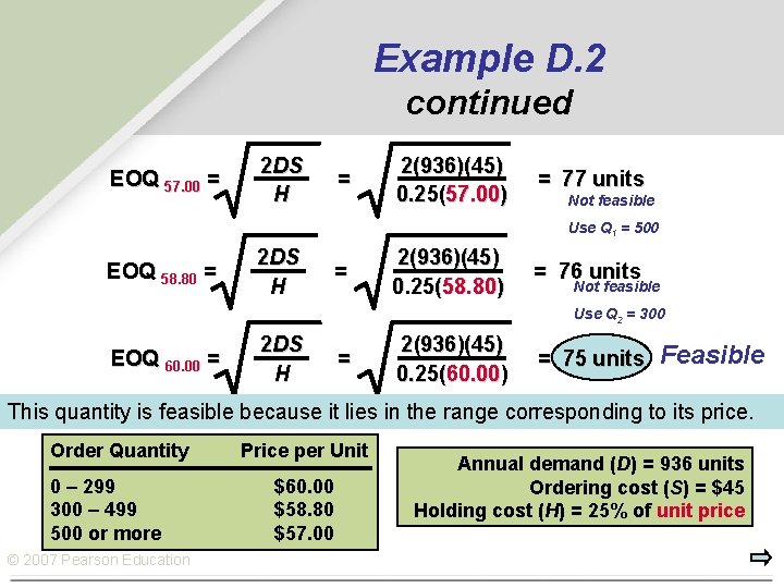 Example D. 2 continued EOQ 57. 00 = 2 DS H = 2(936)(45) 0.