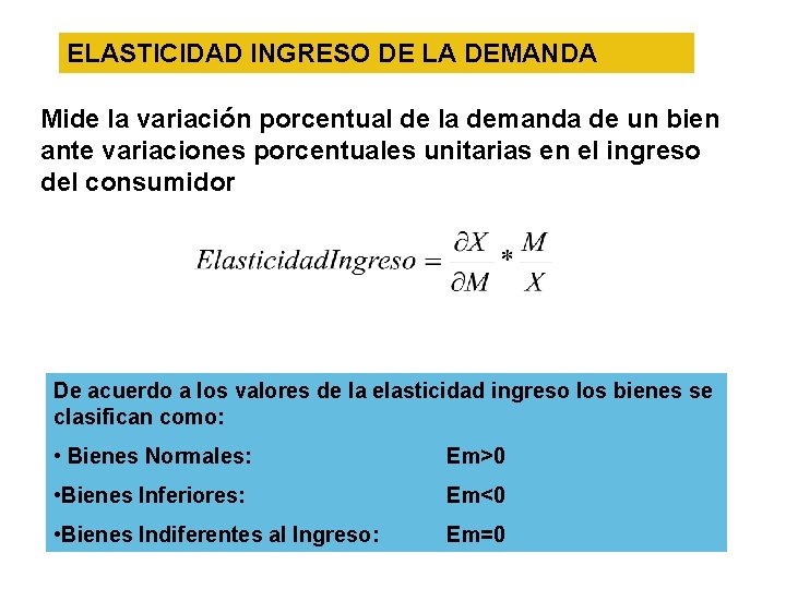 ELASTICIDAD INGRESO DE LA DEMANDA Mide la variación porcentual de la demanda de un