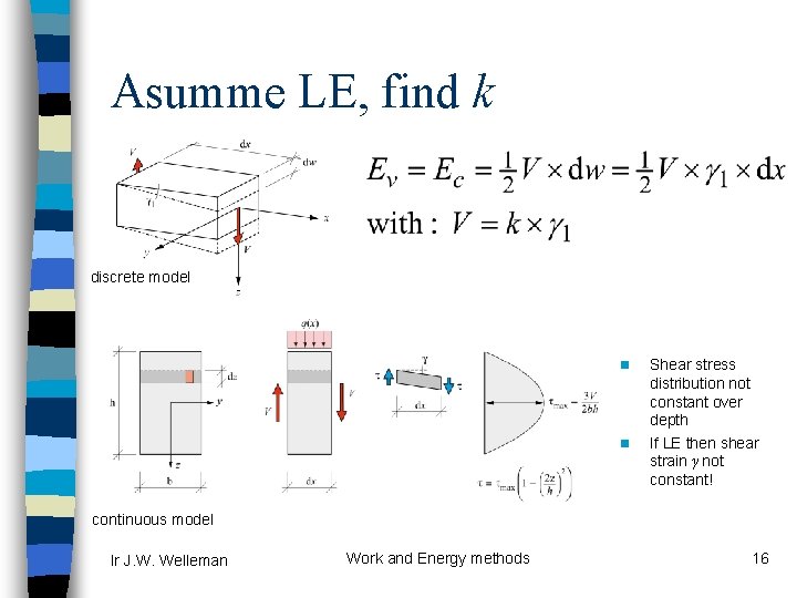 Asumme LE, find k discrete model n n Shear stress distribution not constant over