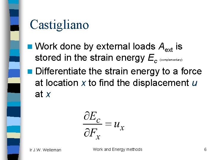 Castigliano n Work done by external loads Aext is stored in the strain energy