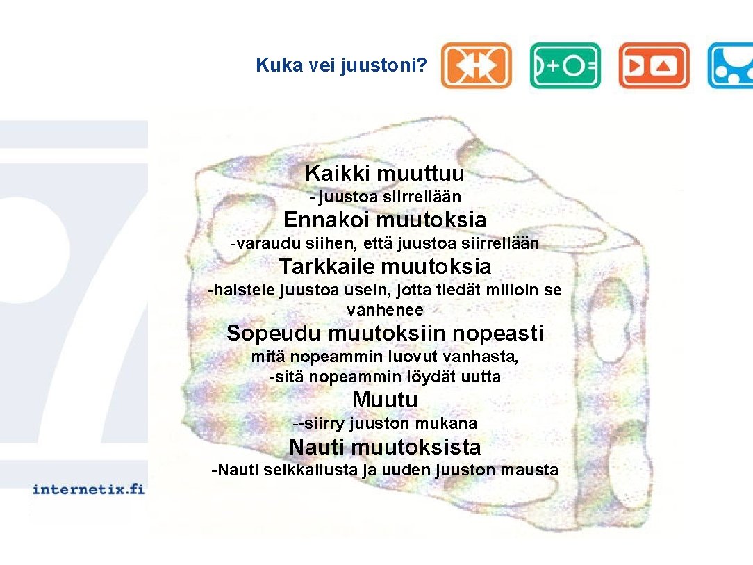 Kuka vei juustoni? Kaikki muuttuu - juustoa siirrellään Ennakoi muutoksia -varaudu siihen, että juustoa