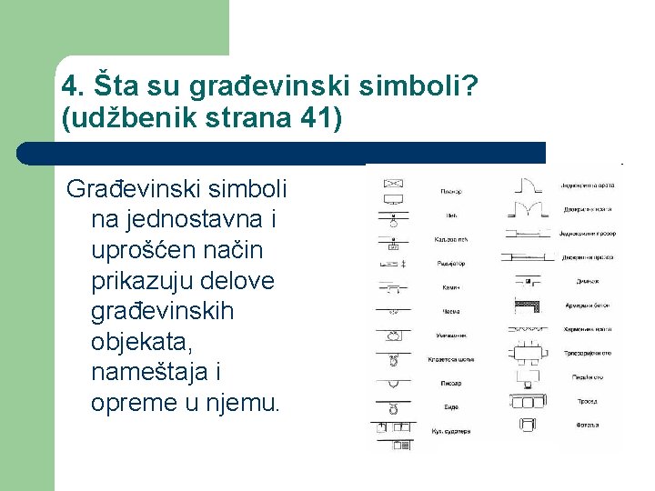 4. Šta su građevinski simboli? (udžbenik strana 41) Građevinski simboli na jednostavna i uprošćen