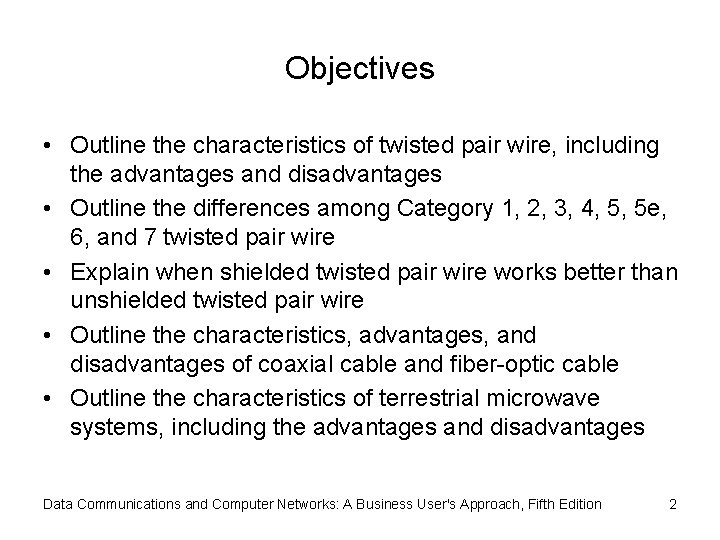 Objectives • Outline the characteristics of twisted pair wire, including the advantages and disadvantages