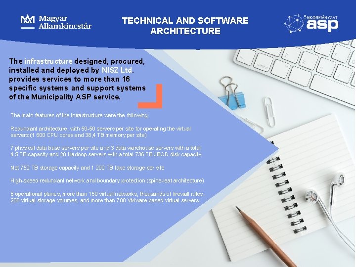 TECHNICAL AND SOFTWARE ARCHITECTURE The infrastructure designed, procured, installed and deployed by NISZ Ltd. TECHNICAL AND SOFTWARE ARCHITECTURE The infrastructure designed, procured, installed and deployed by NISZ Ltd.