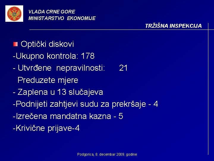 VLADA CRNE GORE MINISTARSTVO EKONOMIJE TRŽIŠNA INSPEKCIJA Optički diskovi -Ukupno kontrola: 178 - Utvrđene