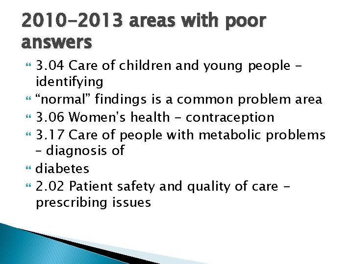 2010 -2013 areas with poor answers 3. 04 Care of children and young people