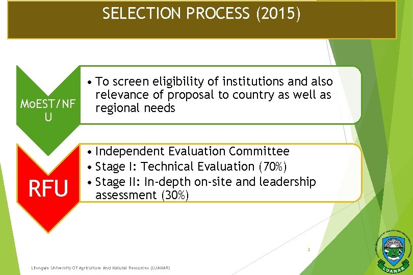 SELECTION PROCESS (2015) • To screen eligibility of institutions and also relevance of proposal