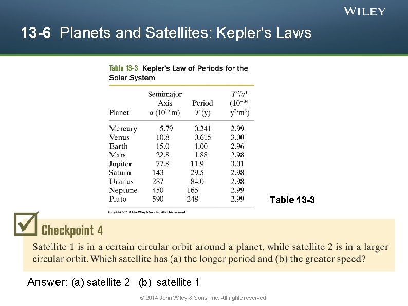 13 -6 Planets and Satellites: Kepler's Laws Table 13 -3 Answer: (a) satellite 2