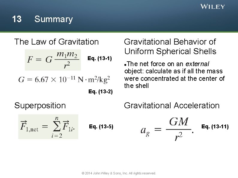 13 Summary The Law of Gravitation Eq. (13 -1) Gravitational Behavior of Uniform Spherical