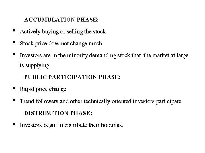 • • • ACCUMULATION PHASE: Actively buying or selling the stock Stock price • • • ACCUMULATION PHASE: Actively buying or selling the stock Stock price