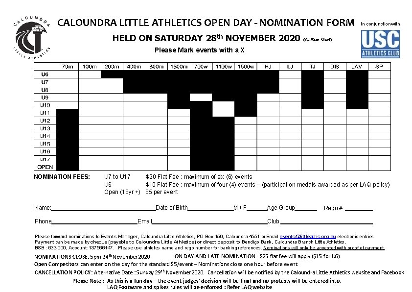 CALOUNDRA LITTLE ATHLETICS OPEN DAY - NOMINATION FORM In conjunction with HELD ON SATURDAY