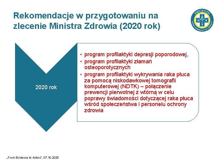 Rekomendacje w przygotowaniu na zlecenie Ministra Zdrowia (2020 rok) 2020 rok „From Evidence to