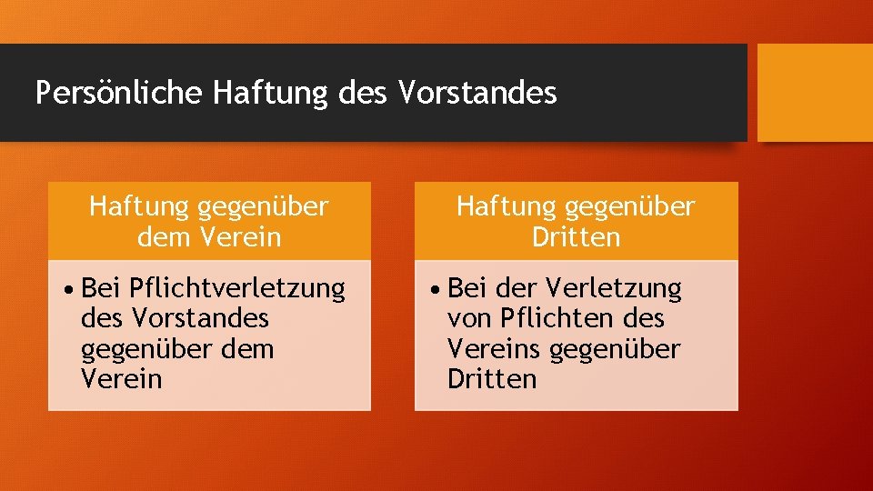 Persönliche Haftung des Vorstandes Haftung gegenüber dem Verein • Bei Pflichtverletzung des Vorstandes gegenüber