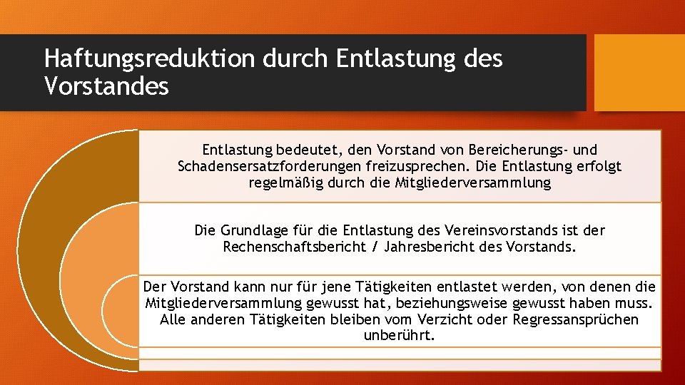 Haftungsreduktion durch Entlastung des Vorstandes Entlastung bedeutet, den Vorstand von Bereicherungs- und Schadensersatzforderungen freizusprechen.