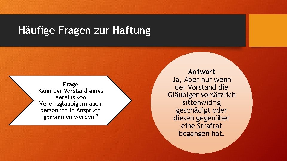 Häufige Fragen zur Haftung Frage Kann der Vorstand eines Vereins von Vereinsgläubigern auch persönlich