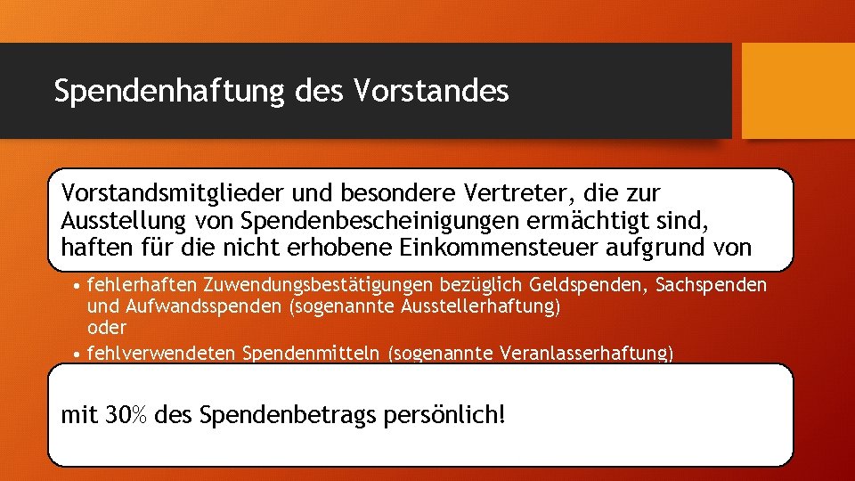 Spendenhaftung des Vorstandsmitglieder und besondere Vertreter, die zur Ausstellung von Spendenbescheinigungen ermächtigt sind, haften