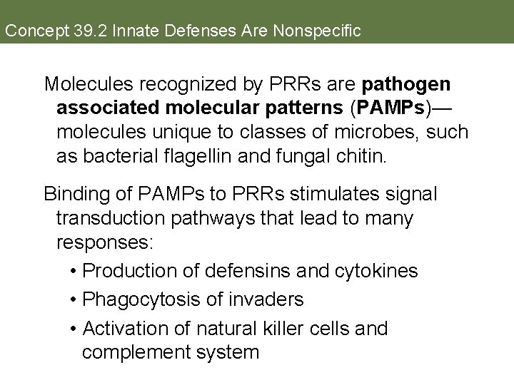 Concept 39. 2 Innate Defenses Are Nonspecific Molecules recognized by PRRs are pathogen associated