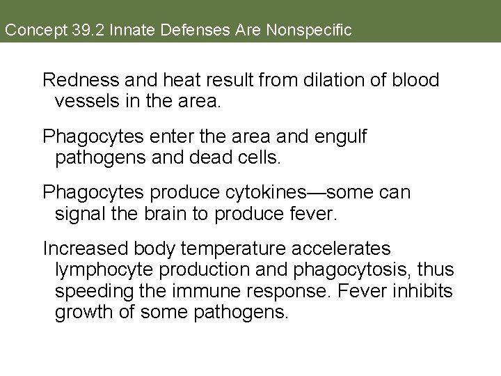 Concept 39. 2 Innate Defenses Are Nonspecific Redness and heat result from dilation of