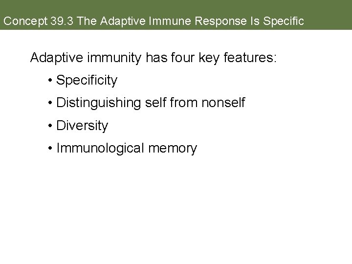Concept 39. 3 The Adaptive Immune Response Is Specific Adaptive immunity has four key