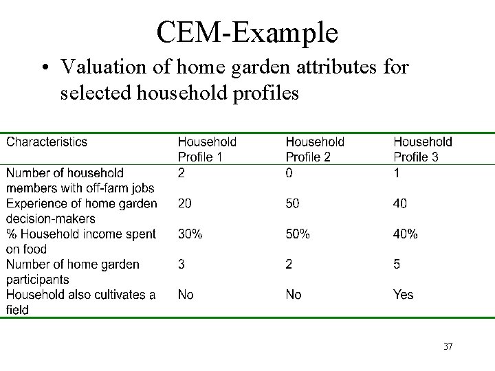 CEM-Example • Valuation of home garden attributes for selected household profiles 37 
