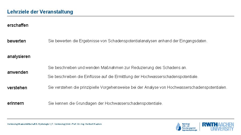 Lehrziele der Veranstaltung erschaffen bewerten Sie bewerten die Ergebnisse von Schadenspotentialanalysen anhand der Eingangsdaten.