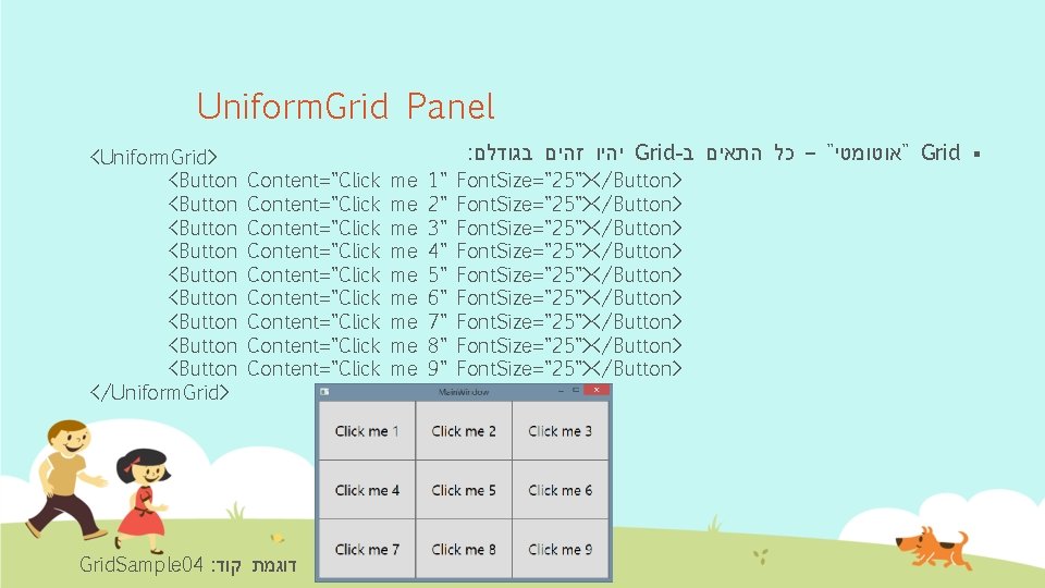 Uniform. Grid Panel <Uniform. Grid> <Button <Button <Button </Uniform. Grid> : יהיו זהים בגודלם
