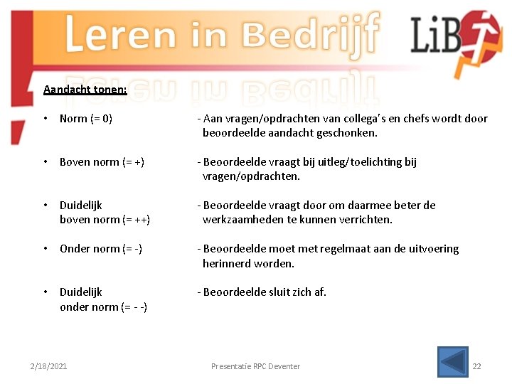 Aandacht tonen: • Norm (= 0) - Aan vragen/opdrachten van collega’s en chefs wordt