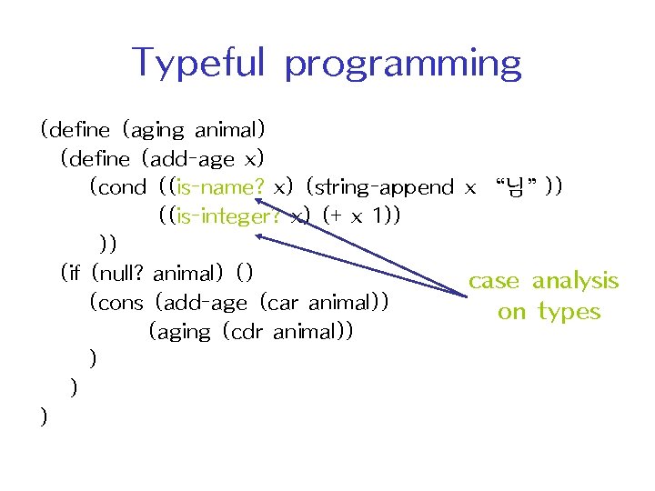 Typeful programming (define (aging animal) (define (add-age x) (cond ((is-name? x) (string-append x “님”))