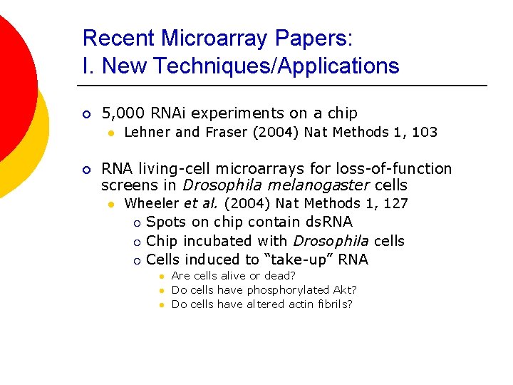 Recent Microarray Papers: I. New Techniques/Applications ¡ 5, 000 RNAi experiments on a chip
