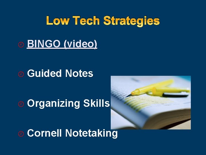 Low Tech Strategies BINGO (video) Guided Notes Organizing Cornell Skills Notetaking 