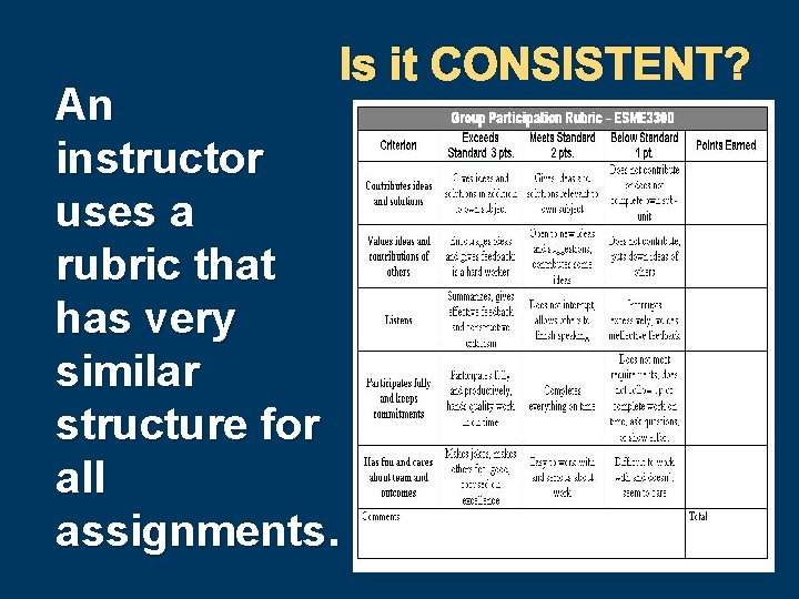 Is it CONSISTENT? An instructor uses a rubric that has very similar structure for