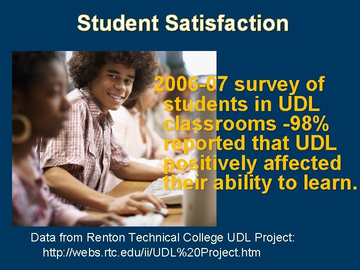 Student Satisfaction 2006 -07 survey of students in UDL classrooms -98% reported that UDL