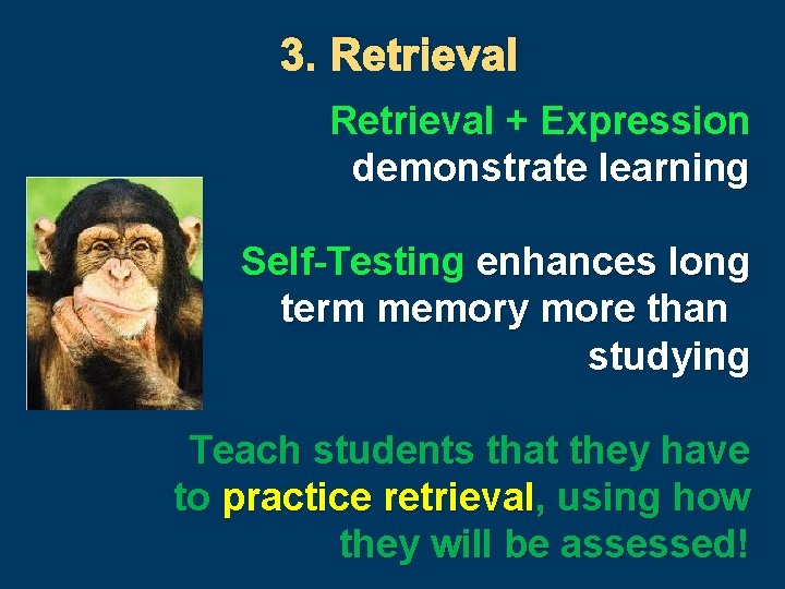 3. Retrieval + Expression demonstrate learning Self-Testing enhances long term memory more than studying