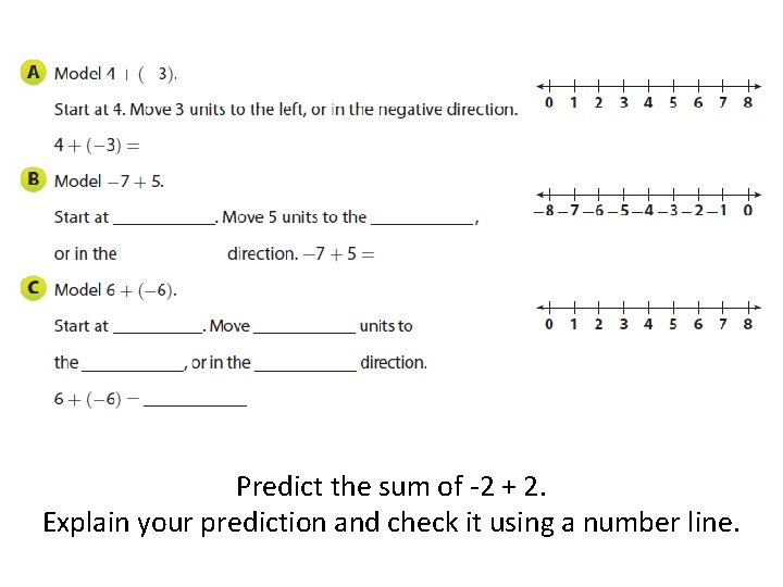 Predict the sum of -2 + 2. Explain your prediction and check it using