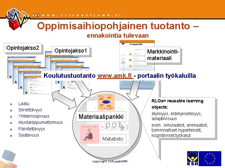 Oppimisaihiopohjainen tuotanto – ennakointia tulevaan Opintojakso 2 Opintojakso 1 Markkinointimateriaali Koulutustuotanto www. amk. fi