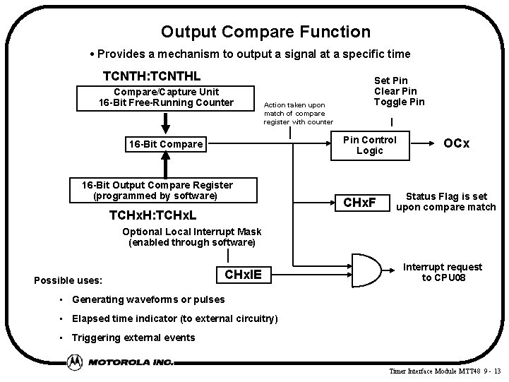 Output Compare Function • Provides a mechanism to output a signal at a specific