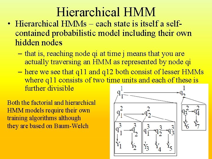 Hierarchical HMM • Hierarchical HMMs – each state is itself a selfcontained probabilistic model