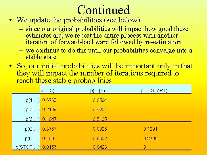 Continued • We update the probabilities (see below) – since our original probabilities will